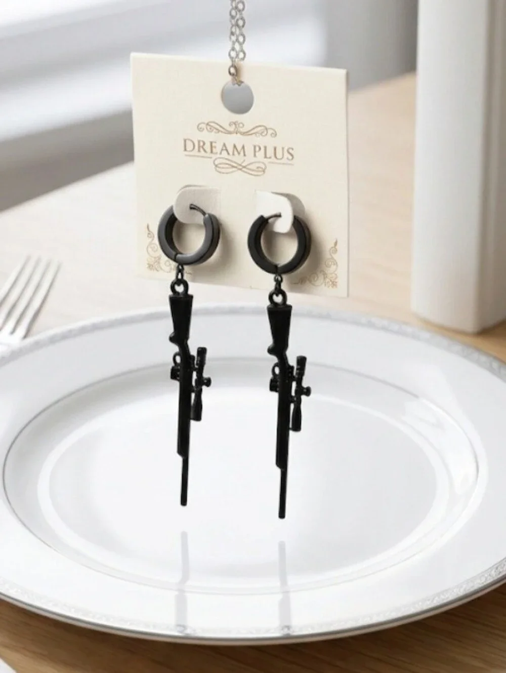 Mateo Black Hoop Earrings / Sniper Rifle Unisex Hoop Earrings. Length: 6.5 cm.​